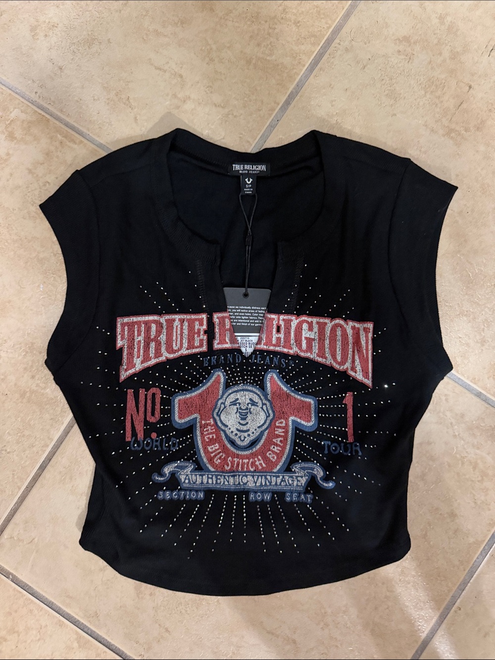 True Religion Black Red & Blue Embellished Crop Top